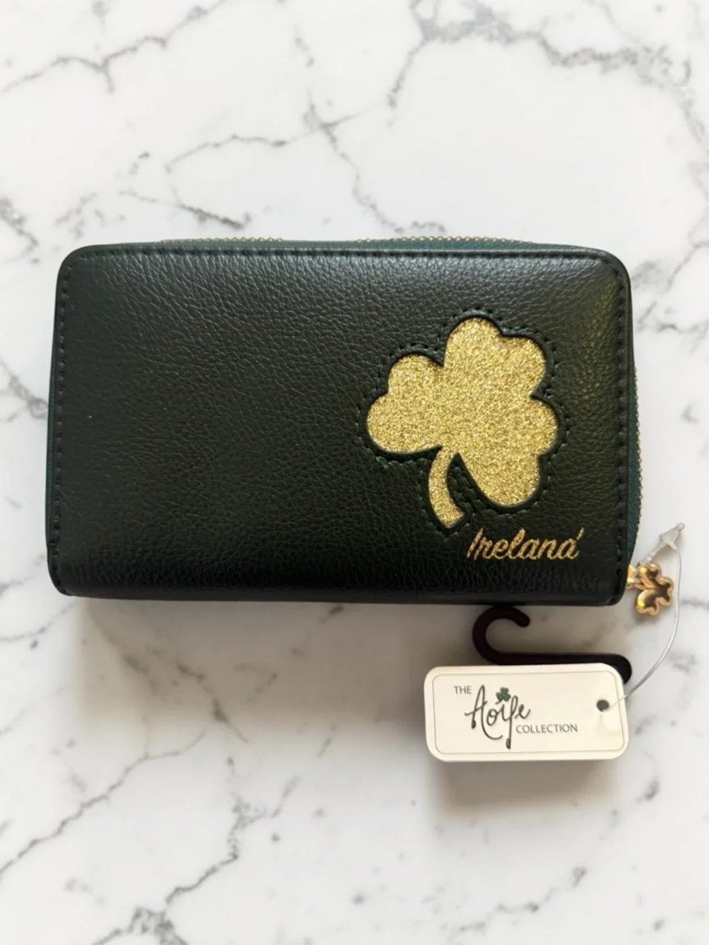 New With Tags Ireland Green Faux Leather Zip Wallet with Gold Clover